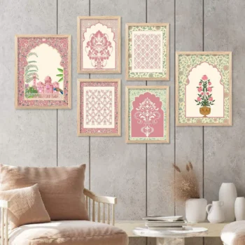 Traditional Indian Inspired Madhubani Art Prints with Frame for Living Room Bedroom Home and Office Wall Decor Set of 6