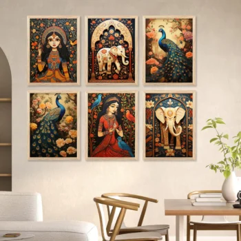 Traditional Indian Inspired Madhubani Art Prints with Frame for Living Room Bedroom Home and Office Wall Decor Set of 6