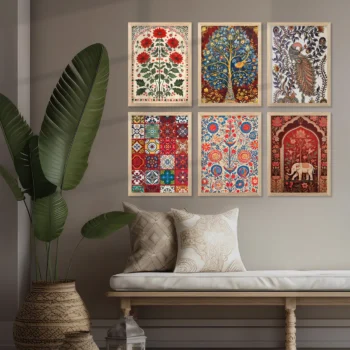 Traditional Indian Art Framed Prints for Elegant Home Decor Set of 6