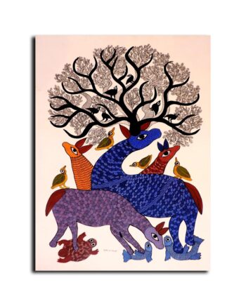 Gond Art Deer Canvas Painting Traditional Indian Wall Art